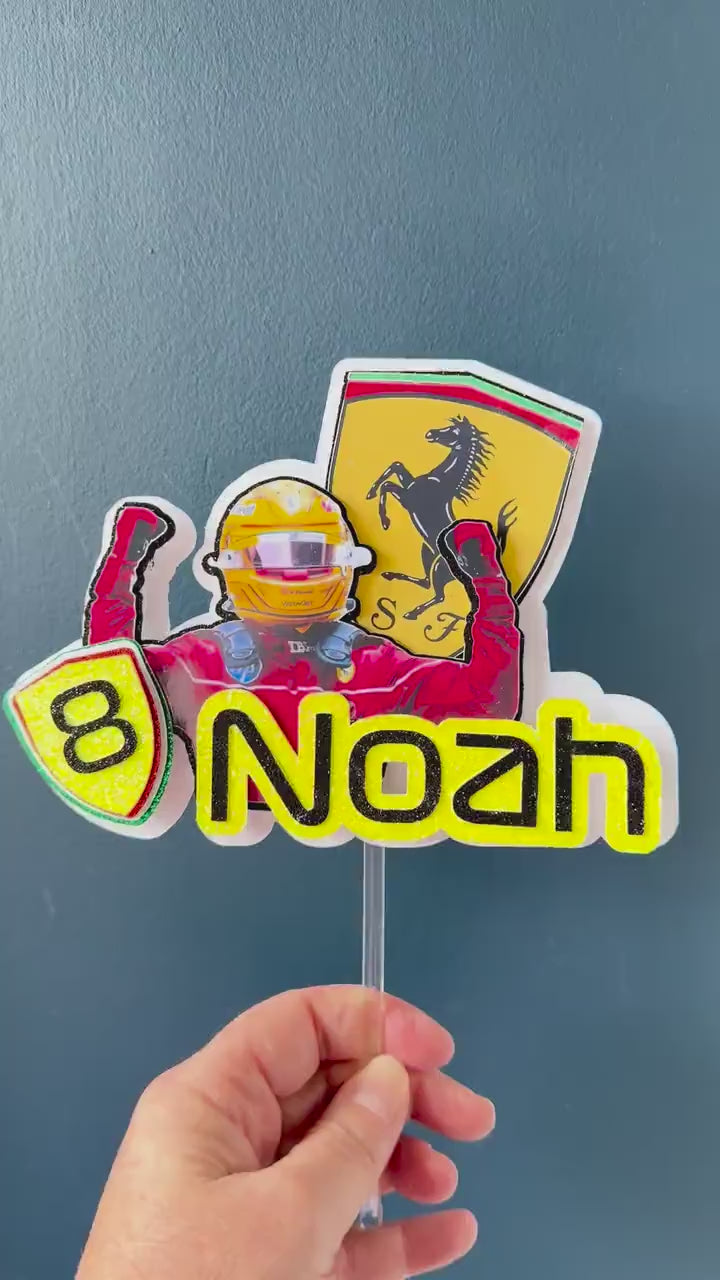 Personalised Lewis Hamilton Ferrari F1 Cake Topper | Any Name Age (Glitter Card)