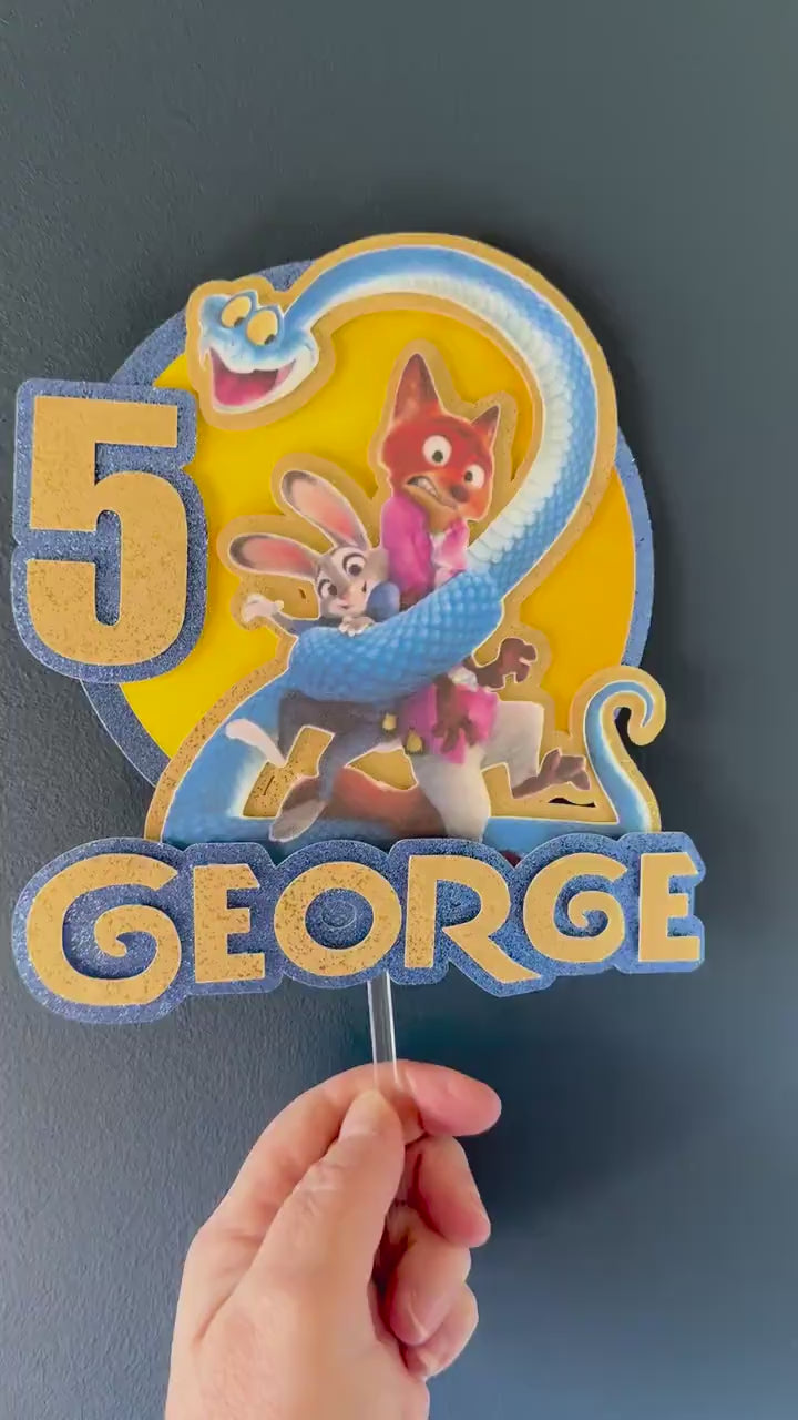 Zootopia 2 Personalised Cake Topper | Yellow Glitter Name & Age Birthday Decoration