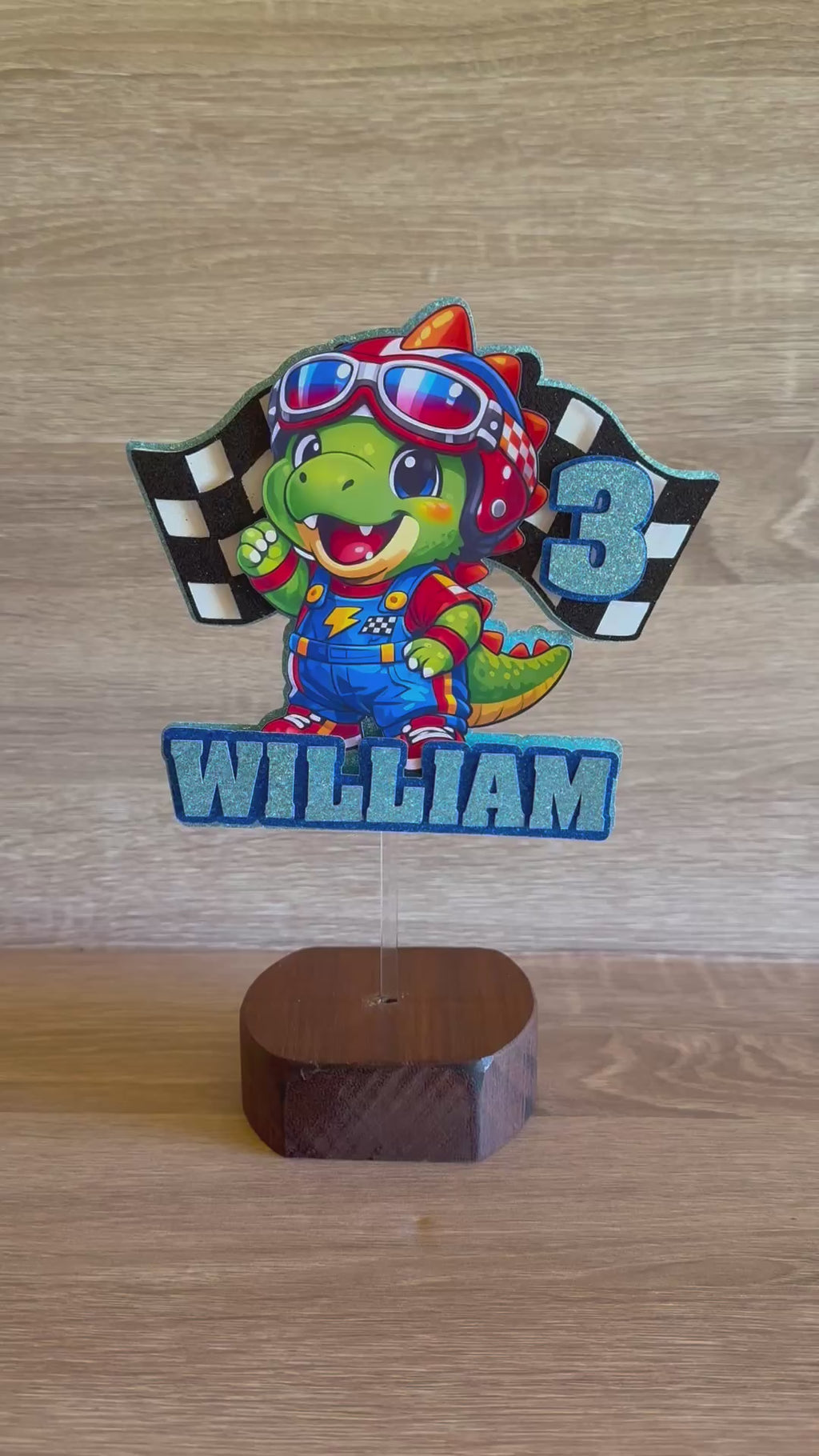 Racing Dinosaur Cake Topper | Personalised Name & Age