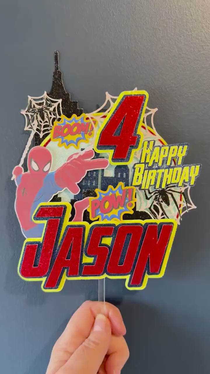 Personalised Superhero Cake Topper | Web Slinger, Cityscape, BOOM POW Graphics