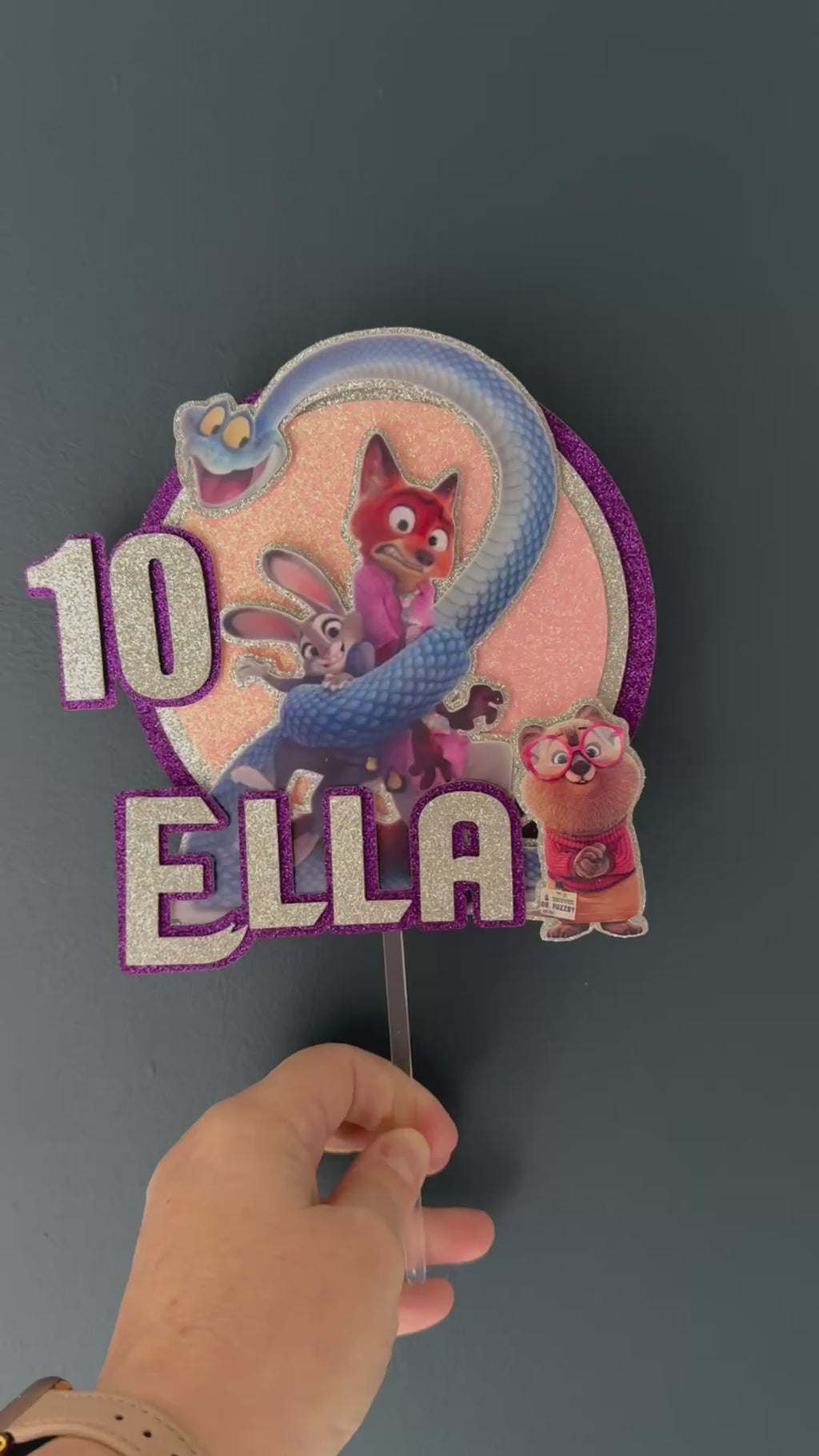 Zootopia 2 Personalised Cake Topper | Purple Glitter Name & Age Birthday Decoration