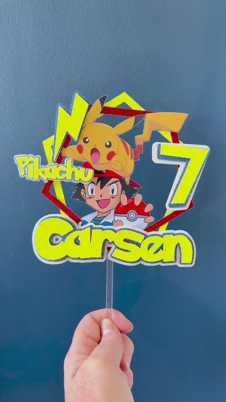 Pokemon Pikachu & Ash Personalised Cake Topper | Any Name and Age | Kids Birthday Cake Topper