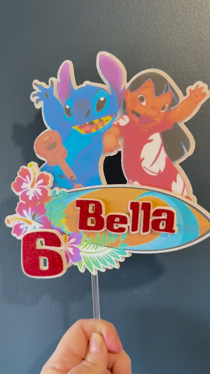 Personalised Hawaiian Girl and Blue Alien Cake Topper | Kids Birthday Name Age
