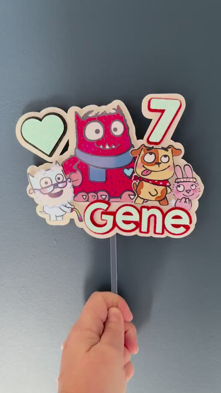 Personalised Red Monster Cake Topper | Custom Name and Age Birthday Decoration